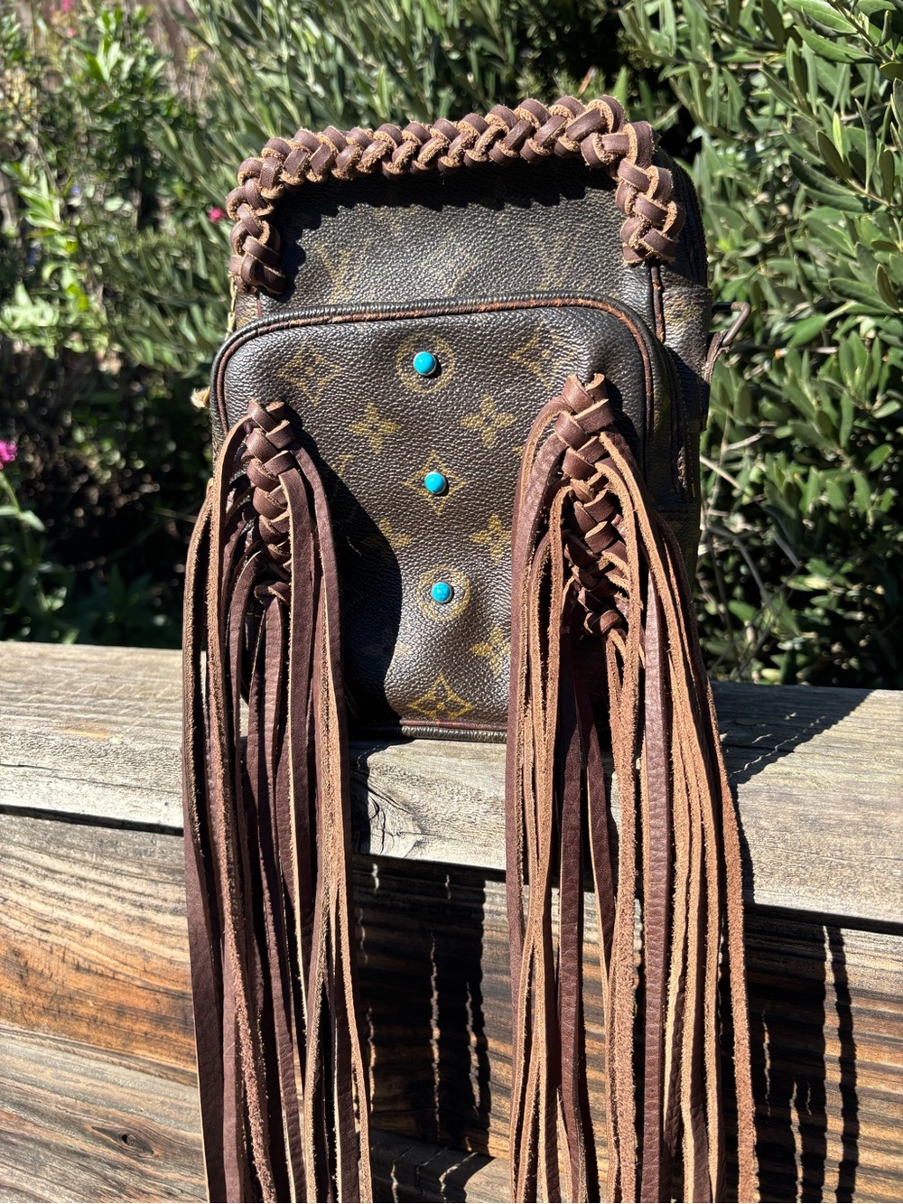 Louis Vuitton Brown Monogram Fringe Phone Pouch with Turquoise Studs - Picture 2 of 10